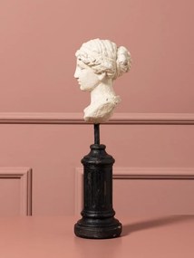 Sculptură decorativă bust antic de femeie din rășină, natur, pe piedestal din lemn, finisaj antichizat, 35,5 x 9 x 10,5 cm, „Lucretia”