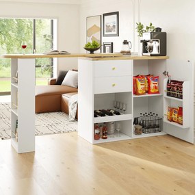 Masă de bar rotativă 360° cu 2 sertare și dulap cu ușă glisantă, Alb | Aosom Romania