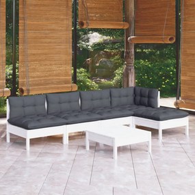 Set mobilier de gradina cu perne, 6 piese, alb, lemn de pin Alb, 6