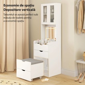 HOMCOM Stație de Machiaj cu Lumini LED în 3 Culori, Oglindă Rabatabilă, Scaun Ascuns, Măsuță de Machiaj cu Scaun Îmbunătățit, 3 Sertare, Compartiment, Dulap cu Uși din Sticlă, Modern, Alb | Aosom Romania