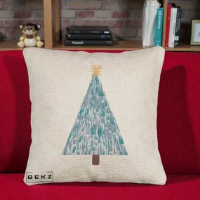 Perna Decorativa Brad de Craciun Acrilic Albastru, 40x40 cm, Bej Canapea, Husa Detasabila, Perna Inclusa, BEKZ®