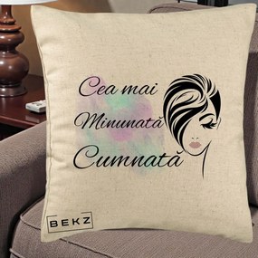 Cadou pentru Cumnata - Perna Personalizata Cea mai Minunata Cumnata cu Silueta Dama si Pete Multicolor, 40x40 cm, Bej, Husa Detasabila, Perna Inclusa, BEKZ®