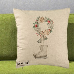 Perna Decorativa Patine cu Coroana Florala de Craciun, 40x40 cm, Bej, Husa Detasabila, Perna Inclusa, BEKZ®