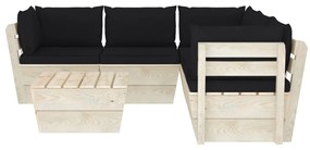Set mobilier gradina din paleti cu perne, 6 piese, lemn molid Negru, 3x colt + 2x mijloc + masa, 1