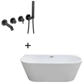 Set cada baie freestanding, lipita de perete, Foglia Mara, 170x80 cm si baterie incastrata negru mat, Deante Silia