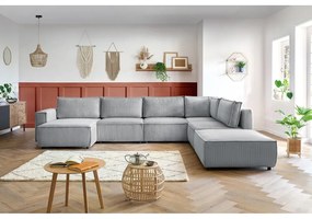 Colțar gri deschis cu tapițerie din catifea reiată (cu colț pe partea dreaptă/în formă de "U") Nihad modular – Bobochic Paris