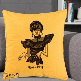 Perna Personalizata Wednesday Addams Dans Gotic, 40x40 cm, Galben, Husa Detasabila, Perna Inclusa, BEKZ®