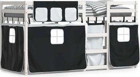 vidaXL Pat supraetajat de copii perdele, alb/negru, 90x190 cm lemn pin