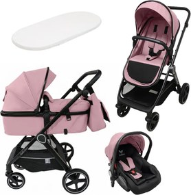 Carucior multifunctional transformabil 3 in 1 Kidizi Moveo roz, include scoica auto, saltea pentru landou si geanta pentru accesorii, cadru negru