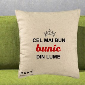 Cadou pentru Bunic - Perna Personalizata Cel Mai Bun Bunic Din Lume Coroana Rosu, 40x40 cm, Bej, Husa Detasabila, Perna Inclusa, BEKZ®