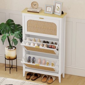 HOMCOM Dulap pentru încălțăminte 21 perechi boem cu 3 sertare rabatabile, uși cu efect cannage ratan, 80 x 24 x 131 cm, alb | Aosom Romania