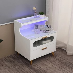 RESIGILAT- Noptieră inteligentă multifunctională, lumină LED RGB, încarcare wireless, 2 sertare, sticlă securizată, Alb