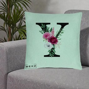 Cadou Personalizat - Perna Personalizata Monograma Florala Litera Y cu Buchet, 40x40 cm, Verde Menta, Husa Detasabila, Perna Inclusa, BEKZ®