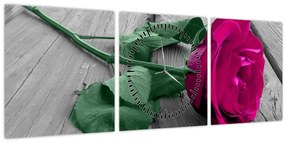 Tablou - Trandafir roz cu tulpina verde (cu ceas) (90x30 cm)