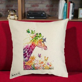 Perna Decorativa Girafa Curcubeu Acuarela, 40x40 cm, Ecru, Husa Detasabila, Perna Inclusa, BEKZ®