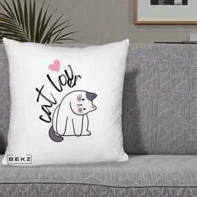 Perna Personalizata Cat Lover Pisica Ilustratie Linie, 40x40 cm, Alb Pufos, Husa Detasabila, Perna Inclusa, BEKZ®