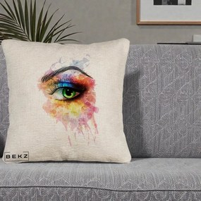 Perna Decorativa Ochi Verde Acuarela, 40x40 cm, Bej Canapea, Husa Detasabila, Perna Inclusa, BEKZ®