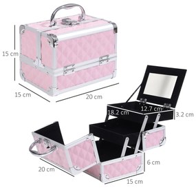 HOMCOM Trusa Machiaj  Profesionala, Beauty Case pentru Make Up cu Profile din Aluminiu, Maner si Tava in Consola, 20x15x15cm, Roz | Aosom Romania