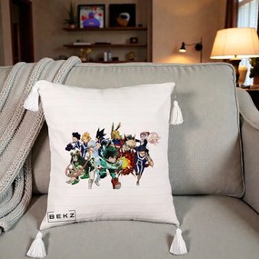 Perna Personalizata My Hero Academia Clasa 1-A Complet, 40x40 cm, Bej cu Franjuri, Husa Detasabila, Perna Inclusa, BEKZ®