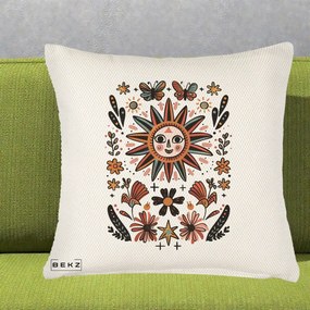 Perna Decorativa Soare Boho Folk Fluturi, 40x40 cm, Crem Reliefat, Husa Detasabila, Perna Inclusa, BEKZ®