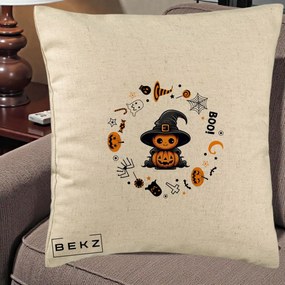 Perna Decorativa Halloween Dovleac Vrajitor Boo cu Simboluri, 40x40 cm, Bej, Husa Detasabila, Perna Inclusa, BEKZ®