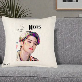 Perna Personalizata K-pop BTS Jimin Portret Artistic Multicolor cu Autograf, 40x40 cm, Crem Reliefat, Husa Detasabila, Perna Inclusa, BEKZ®