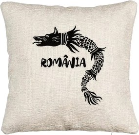 Perna Personalizata Canapea, Model Lup Dacic Romania, 40x40 cm, Bej Canapea, Husa Detasabila, Perna Inclusa, BEKZ®