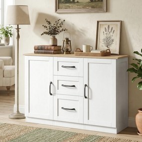 HOMCOM Bufet pentru living, mobilier de depozitare cu 2 uși cu închidere silențioasă și 3 sertare, 110x35x80,4cm, alb și lemn natural | Aosom Romania