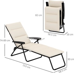 Outsunny Șezlong pliabil reglabil 6 poziții cu saltea + cotiere oțel/poliester 153 x 58,5 x 89 cm crem | Aosom Romania