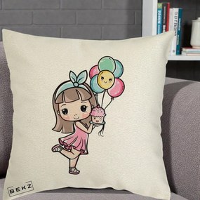Perna Decorativa Fetita Kawaii cu Baloane si Cupcake, 40x40 cm, Ecru, Husa Detasabila, Perna Inclusa, BEKZ®