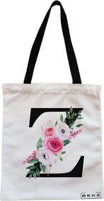 Sacosa de Panza pentru Cumparaturi, Geanta Tote, Cu litera Z si Trandafiri, Cu fermoar, 38x34.5 cm, Alba, BEKZ®