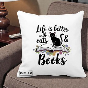 Perna Personalizata Life is Better Cats and Books, 40x40 cm, Alba Mata, Husa Detasabila, Perna Inclusa, BEKZ®