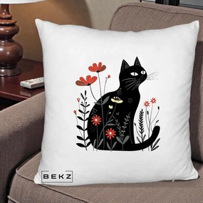 Perna Decorativa Pisica Neagra Flori Rosii Folk, 40x40 cm, Alb Pufos, Husa Detasabila, Perna Inclusa, BEKZ®