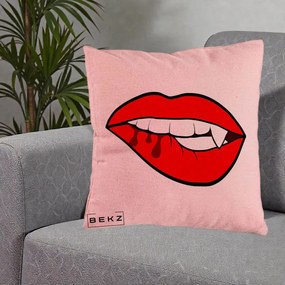 Perna Decorativa Vampire Lips Halloween, 40x40 cm, Roz, Husa Detasabila, Perna Inclusa, BEKZ®