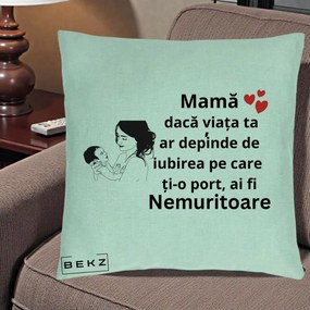Cadou pentru Mama - Perna Personalizata Mama Nemuritoare Imbratisare Copil, 40x40 cm, Verde Menta, Husa Detasabila, Perna Inclusa, BEKZ®