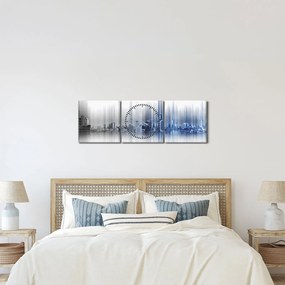 Tablou - Panorama orașului, albastru-gri (cu ceas) (90x30 cm)