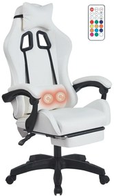 RESIGILAT- Scaun gaming, sistem iluminare bandă LED RGB, masaj în perna lombară, suport picioare, Alb