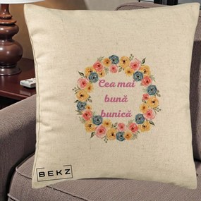 Cadou pentru Bunica - Perna Personalizata Cea Mai Buna Bunica Coronita Flori Multicolore, 40x40 cm, Bej, Husa Detasabila, Perna Inclusa, BEKZ®