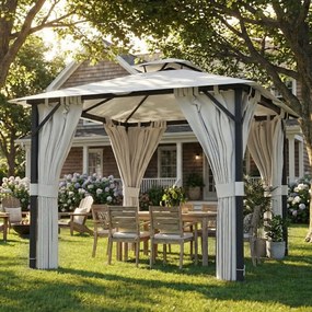 Outsunny Tonnelă de grădină exterior 3x3m pavilion de grădină, acoperiș dublu, draperii, cârlige pentru tavan, cadru metalic, crem | Aosom Romania