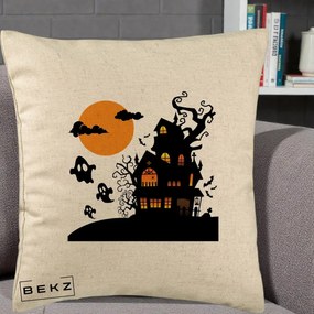 Perna Decorativa Halloween Casa Bantuita cu Fantome, 40x40 cm, Bej, Husa Detasabila, Perna Inclusa, BEKZ®