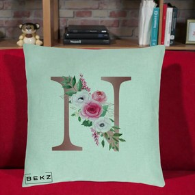 Cadou Personalizat - Perna Personalizata Monograma Rose Gold Litera N, 40x40 cm, Verde Menta, Husa Detasabila, Perna Inclusa, BEKZ®