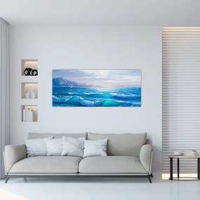 Tablou - Pictură în ulei de mare cu pescăruși (120x50 cm)