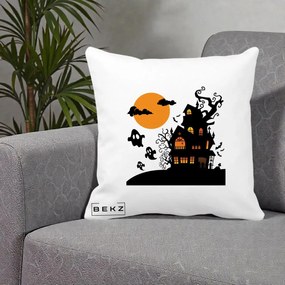 Perna Decorativa Halloween Casa Bantuita cu Fantome, 40x40 cm, Alba Mata, Husa Detasabila, Perna Inclusa, BEKZ®