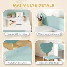 AIYAPLAY Set Birou cu Sertar și Scaun Ursuleț pentru Copii 3-8 Ani Verde | Aosom Romania