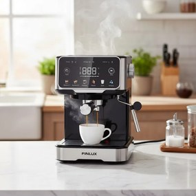 Espressor manual pentru cafea macinata Finlux FEM-1655BS, 1100 W, 20 bar, 1,5 l, Ecran tactil, Bloc termic, Duza de abur, Argintiu/Negru