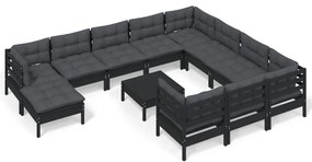 3097053 vidaXL Set mobilier grădină cu perne, 12 piese, negru, lemn de pin