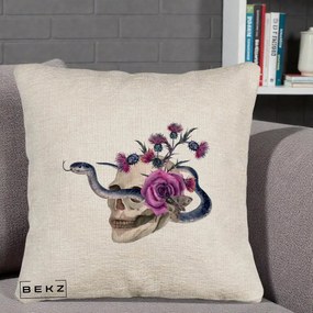 Perna Decorativa Craniu cu Sarpe si Trandafiri Gothic, 40x40 cm, Bej Canapea, Husa Detasabila, Perna Inclusa, BEKZ®