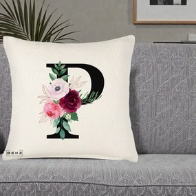 Cadou Personalizat - Perna Personalizata Monograma Florala Litera P, 40x40 cm, Crem Reliefat, Husa Detasabila, Perna Inclusa, BEKZ®