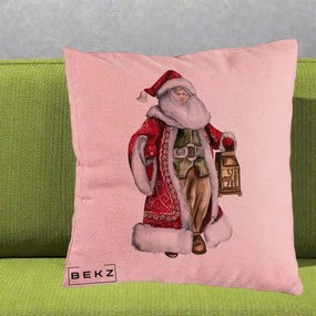 Perna Decorativa Mos Craciun Vintage cu Felinar, 40x40 cm, Roz, Husa Detasabila, Perna Inclusa, BEKZ®