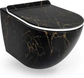 Vas WC suspendat negru cu finisaj marmorat auriu, capac duroplast soft-close
